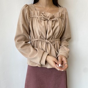 업쓰 여성 가을 겨울 간절기 세무 스웨이드 스퀘어넥 프릴 셔링 하객 정장 리본 블라우스