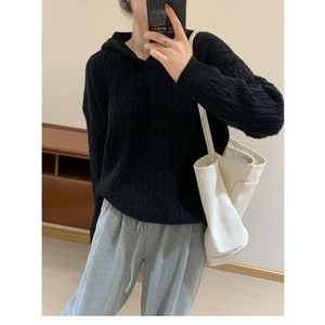 여성 데일리 캐주얼 스웨터 꽈배기 후드니트