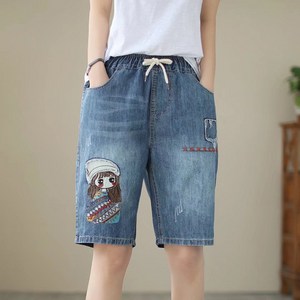 여성 5부 청반바지 빈티지 루즈핏 자수 허리밴딩 청반바지 Women's jeans