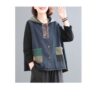COSYEVNO 여성 빅사이즈 데님 베스트 봄 가을 빈티지 프린트 후드 상의 LYJ
