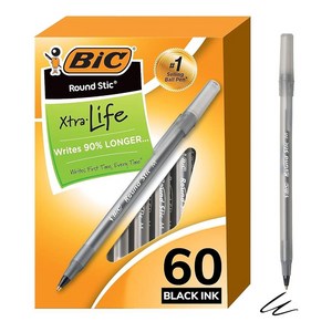 BIC 라운드 스틱 엑스트라 라이프 중형 포인트 1.0 mm 볼펜 블랙 60자루 세트