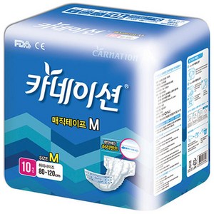 카네이션 성인용기저귀/겉기저귀/w2 매직테이프M(대형) 10매*8팩(단종으로 고급제품인 프리미엄 와이드매직테이프W2 대형 대체출고), 8개, 10개