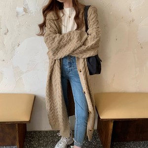 여성 간절기 롱 니트가디건 꽈배기 코트 브이넥 루즈핏 스웨터 Women's cardigan