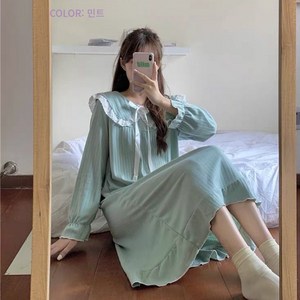 [KIELCE] 여성 루즈핏 프릴 파자마 홈웨어 빅사이즈 롱 긴팔 원피스 잠옷