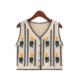 여성용 여름 브이넥 자수 베스트 캐주얼 민소매 숏 니트 조끼 카디건 상의 Women's Knitted Vest