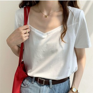 아뗄릭 여성용 통기성 빅사이즈 스퀘어넥 데일리 반팔 티셔츠 03589