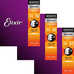Elixir nanoweb 11027 코팅 8020 브론즈 어쿠스틱 기타 스트링 커스텀 라이트 011-052