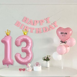 연지마켓 생일가랜드 생일 파티 용품 세트 숫자 하트 풍선 (자유레터링), 13, 1세트, 핑크