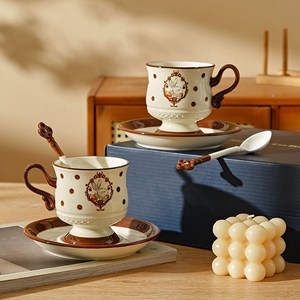 Entrolring 고급 빈티지 헤라토끼 커피잔+접시+숟가락 선물 세트, 2세트, 브라운