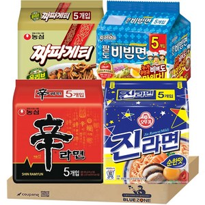 블루존 오뚜기 농심 팔도 봉지라면 4종 세트 (신라면5P + 진라면순한맛5P + 짜파게티5P+ 팔도비빔면5)