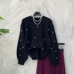 [행복여] 비비 진주 포인트 벌룬 소매 니트