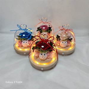 이쁜 생화 장미 프리저브드 플라워 카네이션 LED 무드등 부엉이 소품 인테리어 꽃 기념일 선물, 분홍