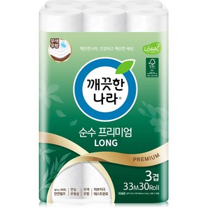 깨끗한나라 순수 프리미엄 화장지 천연펄프 고급롤화장지, 33m, 30개입, 3개