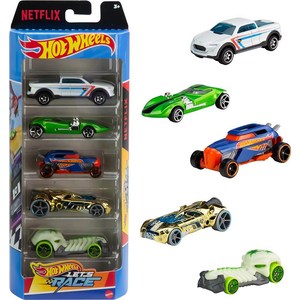 Hot Wheels Toy Cas & Tucks 5팩 애니메이션 넷플릭스 시리즈 Let's Race의 다이캐스트 차량 5개 세트