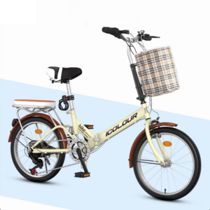 ICOLORE 가벼운 접이식 자전거 미니벨로 미니벨로자전거 초등학생 여성 클래식 바구니 미니자전거, 1개, 155cm, 옐로우