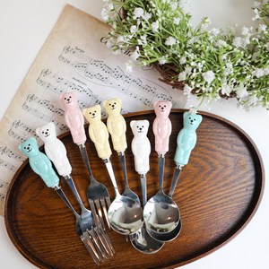 빈티지 베어 세라믹 손잡이 스푼&포크, 빈티지 베어 포크 - 핑크, 1개