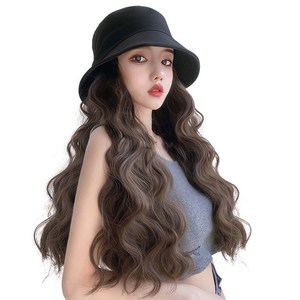 하이유니 물결 펌 롱 헤어 버킷 햇 모자가발 가발 55cm, 다크브라운 / 55cm, 1개