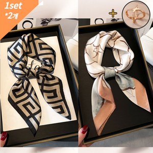 Degrey 여성 미니 사각 스카프 2종 세트 스카프링 포함