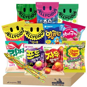 [블루존]몽땅젤리1세트 12종 (수박바젤리+죠스바젤리+청포도젤리+핵짱셔요후르츠+핵짱셔요콜라+자두알맹이+포도알맹이+리찌알맹이+왕꿈틀이+마이구미복숭아+츄파춥스사워벨트1M+사워게코), 1세트