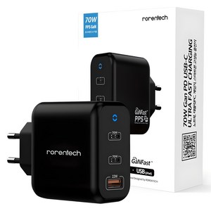 로랜텍 멀티 GaN PPS PD3.0 70W 3포트 C타입 초고속 충전기, BLACK, 1개