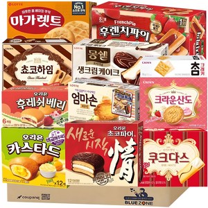 [블루존] 사무실 탕비실 간식 파이 과자 12종 세트 (오리온초코파이+카스타드+참크래커+후레쉬베리+엄마손파이+몽쉘+마가렛트+빅파이+후렌치파이+초코하임+쿠크다스화이트+딸기산도), 1개