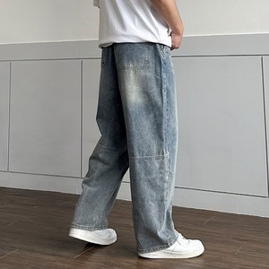 우모르 남성용 밴딩 와이드 워싱 절개 커브드 청바지 데님팬츠