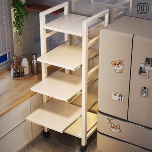 MCOMPANY 4단 슬라이딩 렌지대 주방 수납장 에어프라이어 밥솥 오븐 레일장 싱크대 전자레인지 다이 부엌 양념통 정리 수납 선반 철제 아이보리 [MD : aldfp-62140]