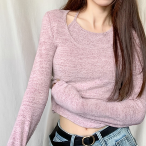 여성용 부드러운 시크 레이어드 홀터넥 긴팔 크롭탑 티셔츠