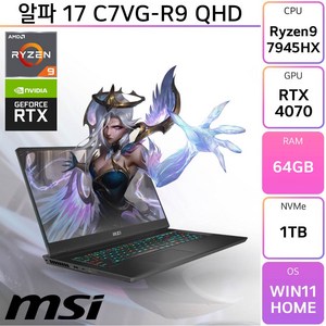 MSI 2023 알파 17 라이젠9 라이젠 7000 시리즈 지포스 RTX 4070, 블랙, 1TB, 64GB, WIN11 Home, 알파 17 C7VG-R9 QHD
