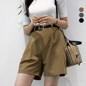 블레스유 여성용 벨트세트 4부 반바지 핀턱 시원한 여름용 뒷밴딩 베이직 데일리 팬츠