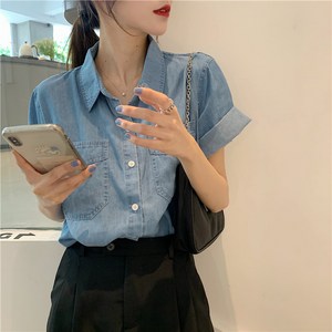 뉴시즌 여성 데님 반팔 셔츠 프렌치 레트로 여름 청남방