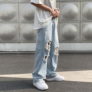 남성 여름 와이드 데님팬츠 데미지 워싱 오버핏 캐주얼 청바지 인어미남 Men's jeans