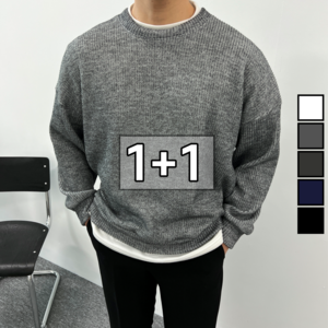 [1+1] 2장 묶음 이브컴퍼니 남자 유니크 무드 하찌 라운드 니트 (3529-2)