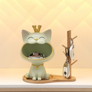 럭키샵 행운 고양이 현관 카운터 화장대 인테리어 장식품+원목 차키 거치대, 라이트 그린, 1세트