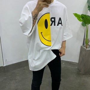 스트릿제이 스마일 반반 오버핏 박스 반팔 티셔츠