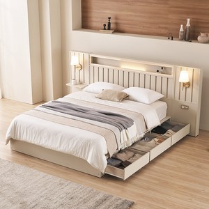 호텔침대 모나코 편백나무 아트월 조명 수납 침대프레임 슈퍼싱글 SS + (패널포함) (협탁패널+선반패널), 연그레이