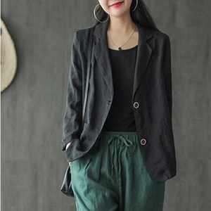 COBOTOR 여성 면마 자켓 심플 오버핏 봄 여름 가을 여자 긴팔 재킷 상의 2023 women linen jacket XK0449