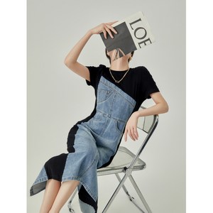 POMTOR 여성 데님 원피스 패치워크 청치마 라운드넥 반팔 롱 원피스