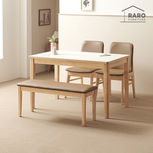 라로퍼니처 루아 1200 포세린 통 세라믹 4인 고무나무 원목 식탁 세트, 식탁+의자2+벤치1