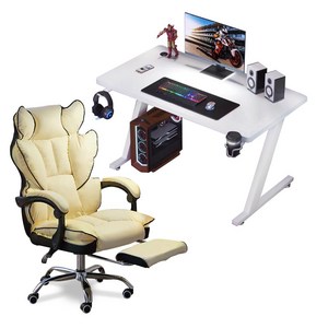 SET 상품_펜타 올인원 게이밍책상 게이밍의자 세트 컴퓨터책상 컴퓨터의자, 게이밍책상 800, (화이트), 게이밍의자(아이보리)