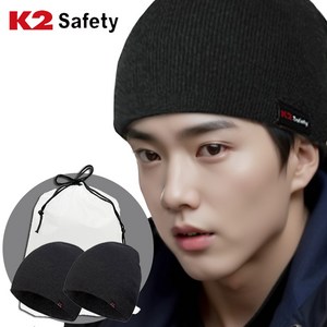 1+1 K2 safety 비니 + 브래드캣 파우치 겨울모자 방한용품, 블랙+블랙