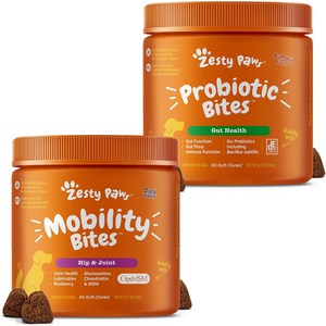 번들: Zesty Paws Mobility Bites 엉덩이 관절 지원 Pobiotic Bites 소화 호박 풍미 Soft Chews Dog Supplement, 1개