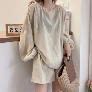 빅사이즈 (XL-5XL) 여성 벌룬 소매 블라우스 상하세트 캐주얼 긴팔티 밴딩 반바지 투피스 루즈핏