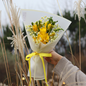 리리스 라인 프리지아 꽃다발 생화 졸업 입학 생일선물, 1개, 옐로우기본