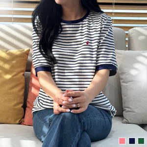 SPMB여성스트라이프면반팔티 여자 시원한 면 코튼 쿨스판 스트라이프 줄무늬 반팔티 라운드티 데일리 빅사이즈 단체