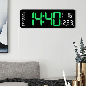 다다온 무소음 대형 LED 디지털 벽시계 리모컨 벽걸이 전자시계, 블랙 본체+그린