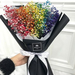 믹스매치플라워 무지개 꽃다발 프리저브드플라워 안개꽃다발 생일 기념일 프로포즈 성묘 화이트데이 크리스마스, 레인보우 안개꽃다발-블랙포장지-L, 1개