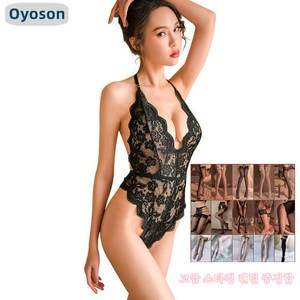 Oyoson여성 홀터넥 투명망사 바디수트 파자마 레이스 바디슈트입+랜덤 선물