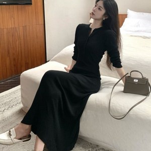 VIISHOW 여성 봄가을 블랙 긴팔 카라 단추 롱 원피스