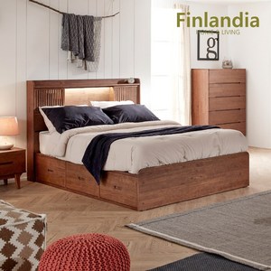 핀란디아 오로라 월넛 원목 LED조명 도어형 퀸침대 (서랍형), 단품